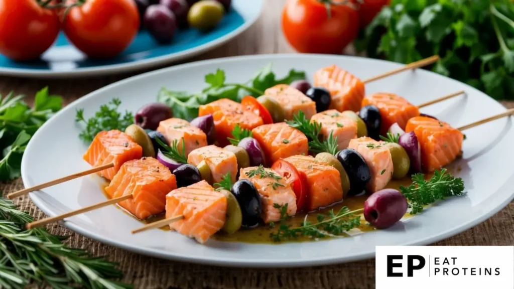 A table set with colorful Mediterranean salmon skewers surrounded by fresh herbs, tomatoes, and olives