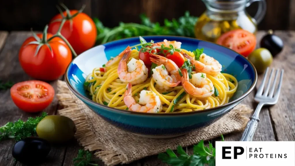 A colorful bowl of Mediterranean shrimp pasta surrounded by fresh ingredients like tomatoes, olives, and herbs on a rustic wooden table