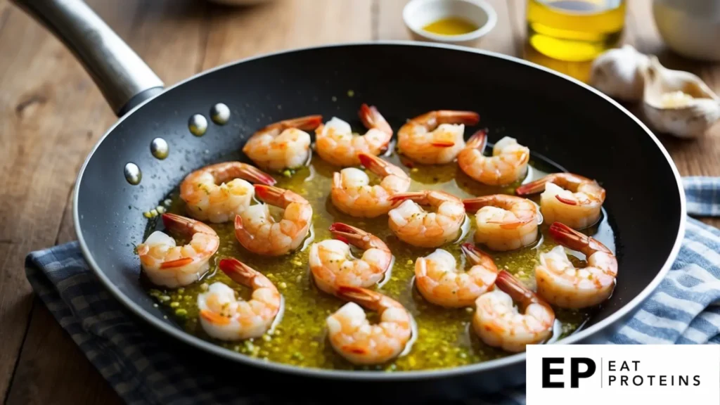 A sizzling skillet of harissa-coated shrimp surrounded by colorful Mediterranean ingredients like olives, tomatoes, and fresh herbs