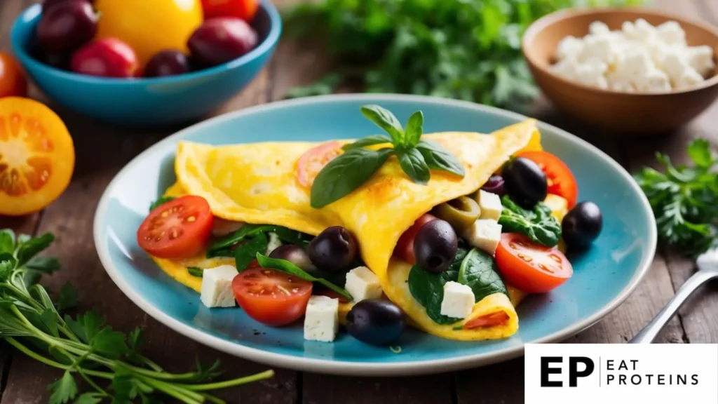 A colorful omelet filled with tomatoes, spinach, olives, and feta cheese, surrounded by fresh herbs and a bowl of mixed fruits