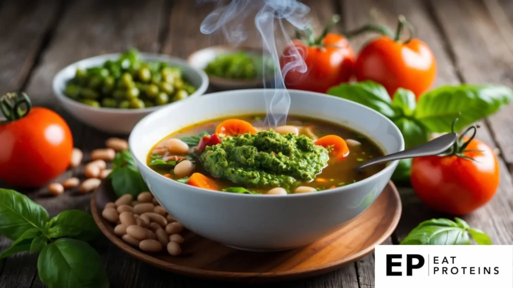 A steaming bowl of minestrone soup topped with vibrant pesto sits on a rustic wooden table, surrounded by fresh Mediterranean ingredients like tomatoes, basil, and beans