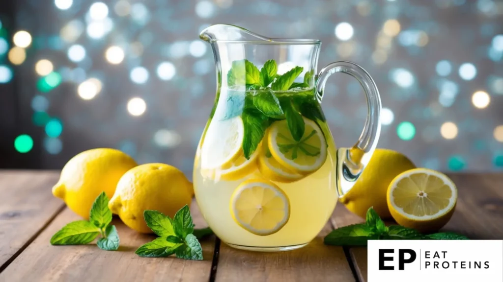 A glass pitcher filled with mint lemonade surrounded by fresh lemons and mint leaves on a wooden table