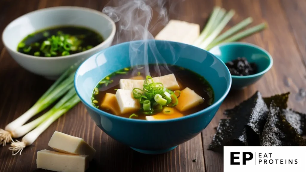 A steaming bowl of miso soup surrounded by fresh ingredients like tofu, seaweed, and green onions on a wooden table