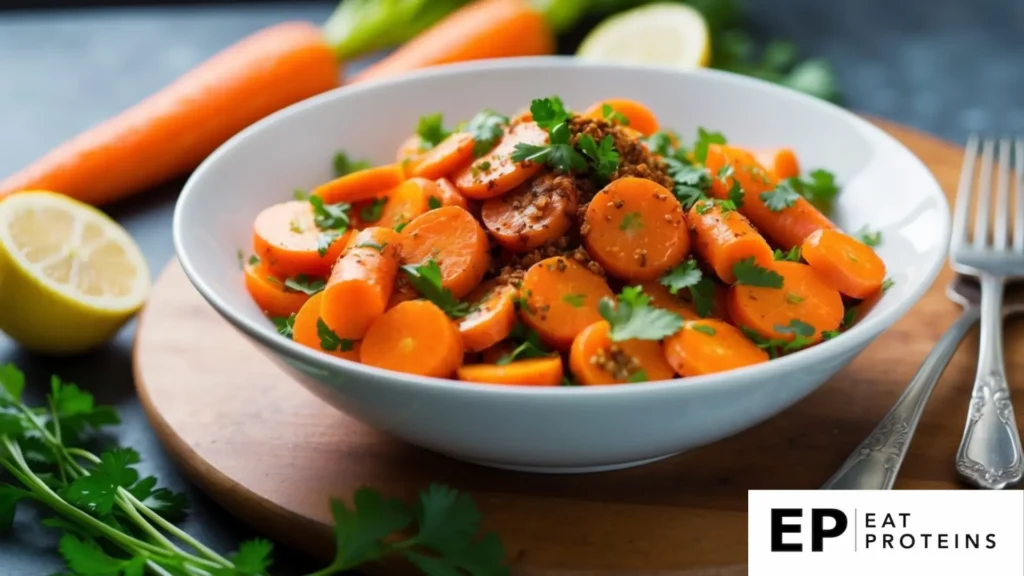 This image features a vibrant carrot salad, possibly with a Moroccan or Mediterranean twist. The salad contains sliced carrots garnished with fresh herbs like parsley or cilantro and seems to be seasoned with spices or a nutty topping, which adds texture and flavor. The lemon halves in the background hint at a tangy dressing, complementing the sweetness of the carrots.