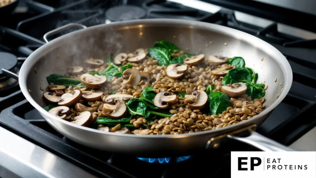 A sizzling pan with mushrooms and lentils cooking, surrounded by fresh vegetables and herbs