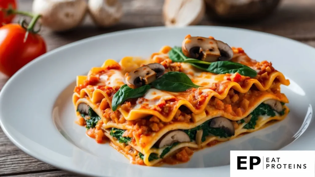 The image depicts a beautifully plated lasagna featuring layers of pasta sheets, spinach, mushrooms, and a savory tomato-based sauce. The lasagna is garnished with melted cheese, fresh basil leaves, and sautéed mushroom slices on top, adding a touch of elegance and flavor. The vibrant layers highlight the alternating textures and colors of the vegetables, sauce, and pasta. 