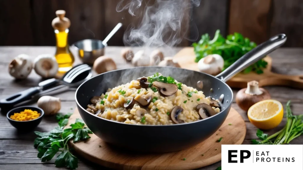 A steaming pot of creamy mushroom risotto surrounded by fresh ingredients and cooking utensils on a rustic wooden kitchen counter