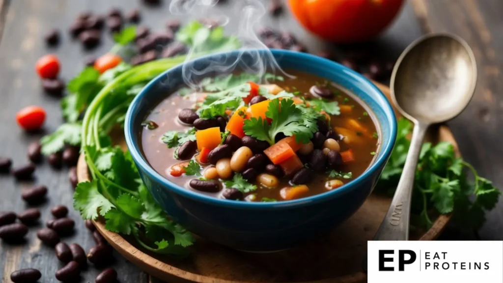 A steaming bowl of Nicoyan Black Bean Soup surrounded by fresh ingredients like beans, tomatoes, and cilantro, with a rustic spoon resting beside it