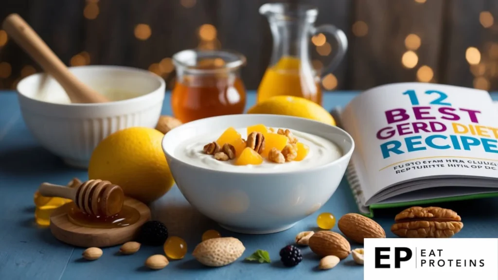 A bowl of non-fat yogurt surrounded by ingredients like fruits, nuts, and honey, with a cookbook open to "12 best gerd diet recipes" nearby