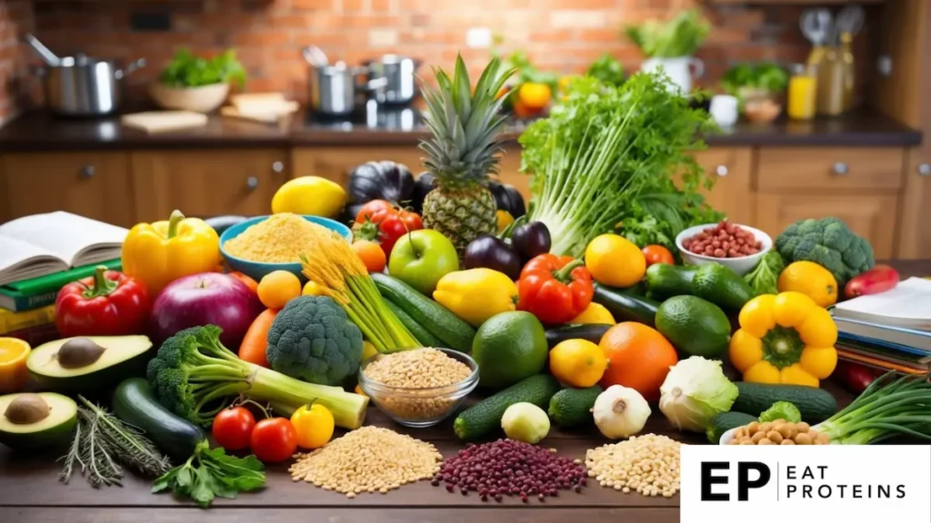 A colorful array of fresh fruits, vegetables, grains, and legumes arranged on a wooden table, surrounded by recipe books and cooking utensils