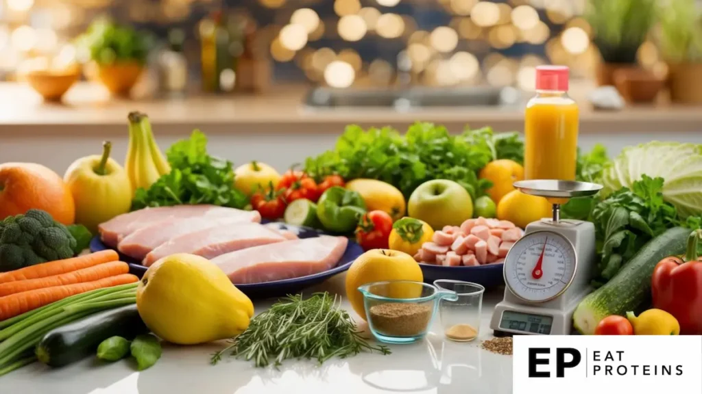 A table filled with fresh fruits, vegetables, and lean proteins, alongside a variety of spices and herbs. A measuring cup and scale are nearby for precise portioning