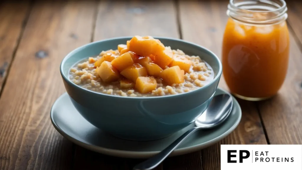 A bowl of oatmeal topped with applesauce sits on a wooden table, surrounded by a spoon and a jar of applesauce