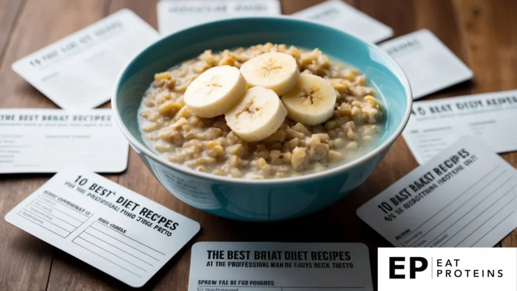 A bowl of oatmeal topped with sliced bananas, surrounded by a collection of recipe cards for the 10 best brat diet recipes