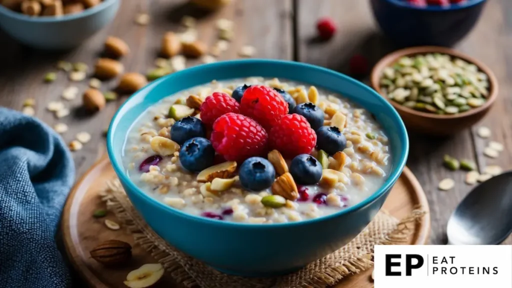 A bowl of oatmeal topped with fresh berries, surrounded by ingredients like nuts and seeds, on a rustic wooden table