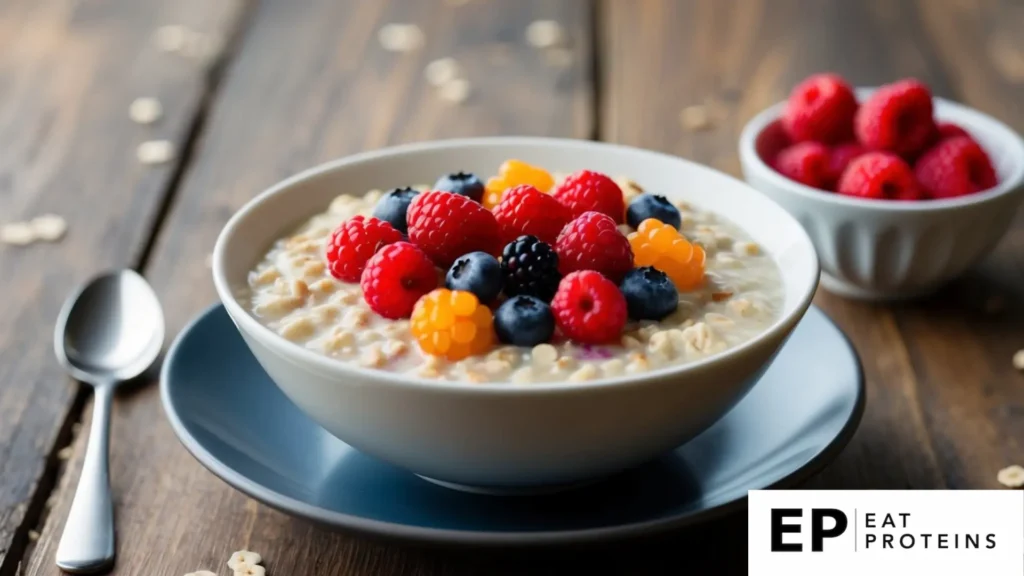 A bowl of oatmeal topped with a colorful assortment of fresh berries