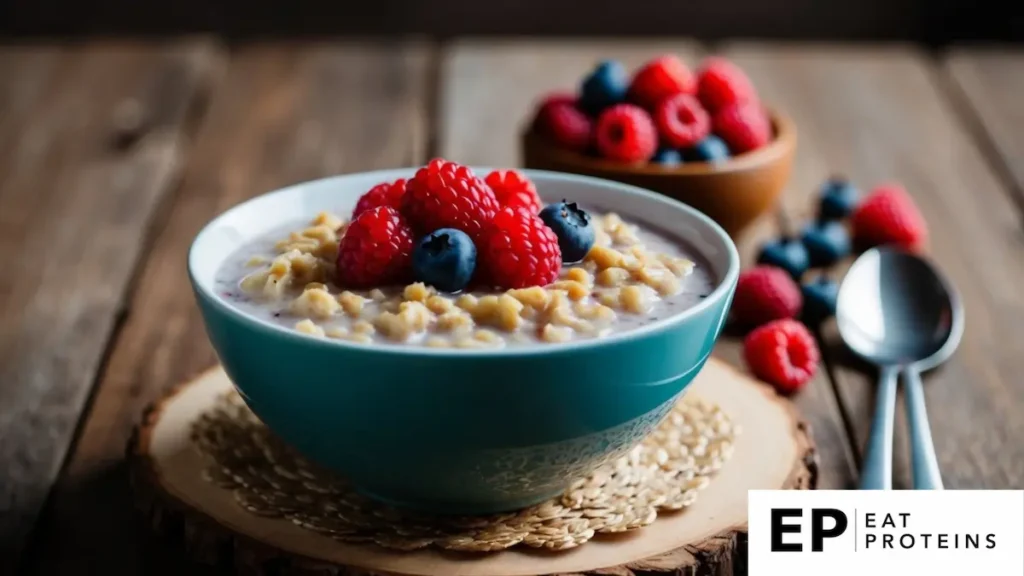 A bowl of oatmeal topped with fresh berries on a wooden table