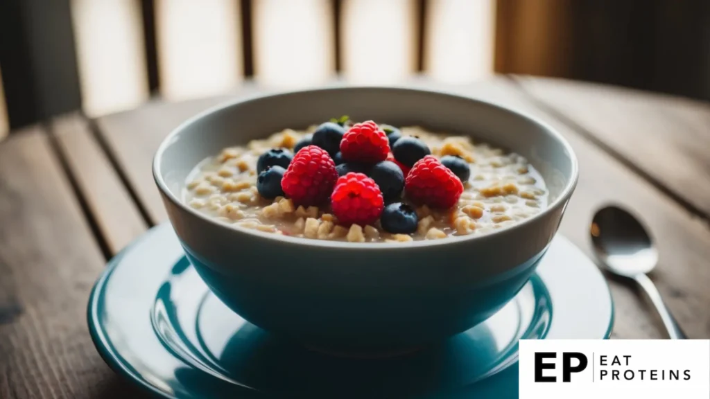 A bowl of oatmeal topped with fresh berries on a wooden table