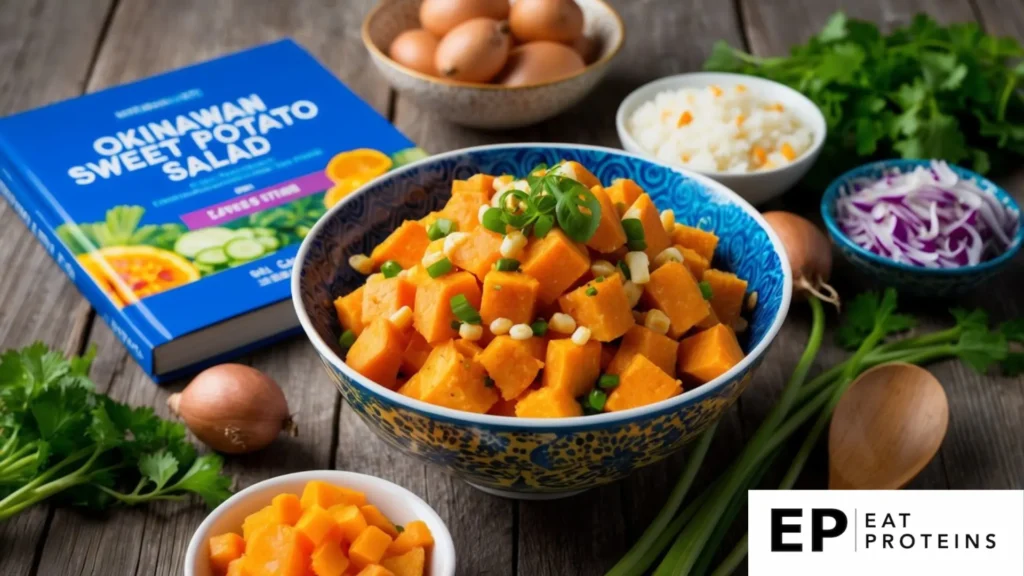 A colorful bowl of Okinawan sweet potato salad surrounded by fresh ingredients and a vibrant blue zone diet recipe book