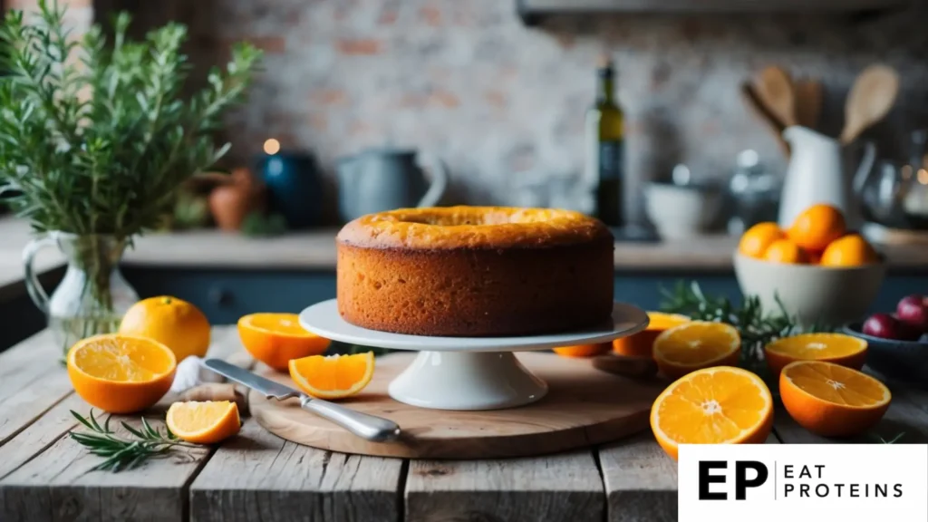 A rustic kitchen table with a freshly baked olive oil orange cake surrounded by vibrant Mediterranean fruits and ingredients