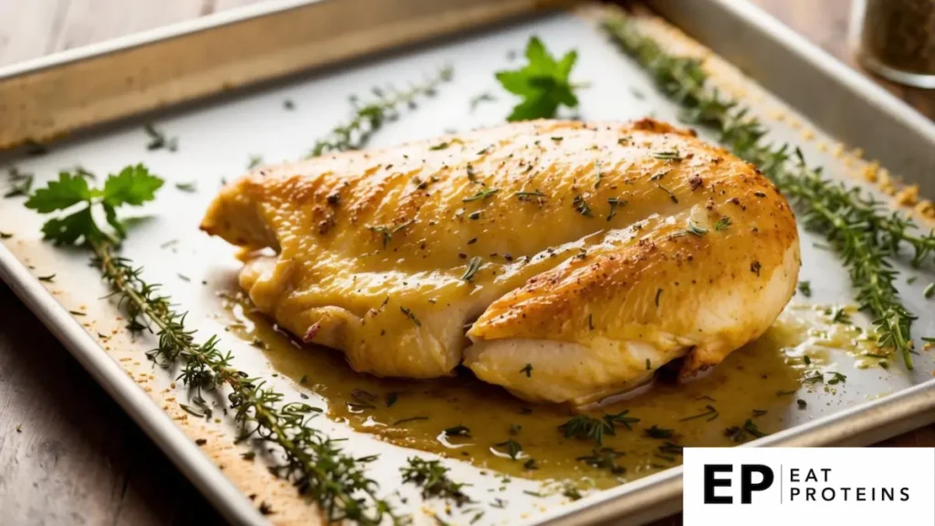 A golden-brown chicken breast on a baking sheet surrounded by herbs and spices