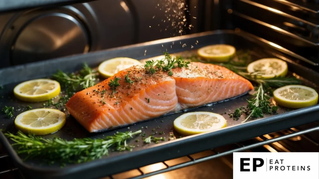 A salmon fillet baking in the oven surrounded by fresh herbs, lemon slices, and a sprinkle of seasoning