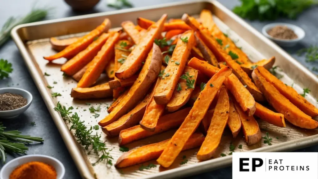 A baking sheet lined with golden, crispy sweet potato fries surrounded by fresh herbs and spices