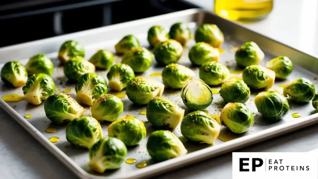 Fresh Brussels sprouts arranged on a baking sheet, drizzled with olive oil and sprinkled with seasonings, ready to be roasted in the oven