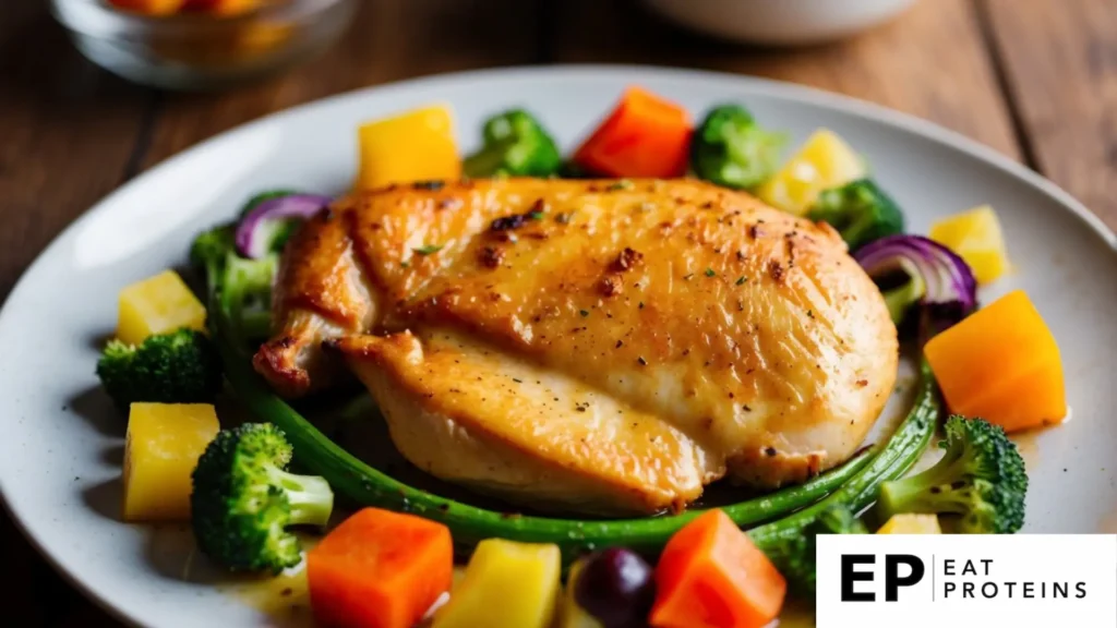 A golden-brown oven-roasted chicken breast surrounded by colorful, nutrient-rich vegetables on a plate