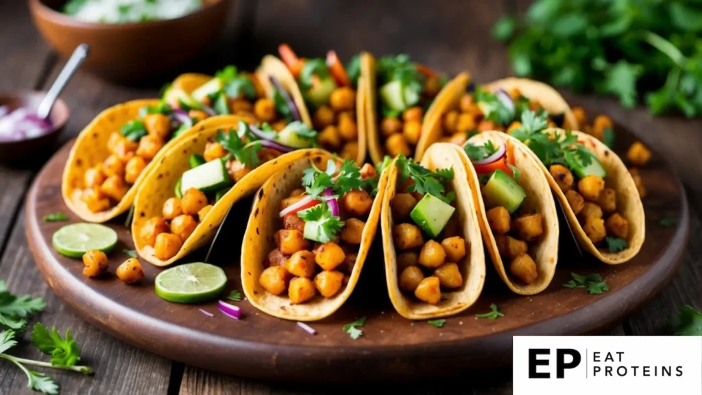 A colorful array of oven-roasted chickpea tacos, garnished with fresh vegetables and herbs, arranged on a rustic wooden serving platter