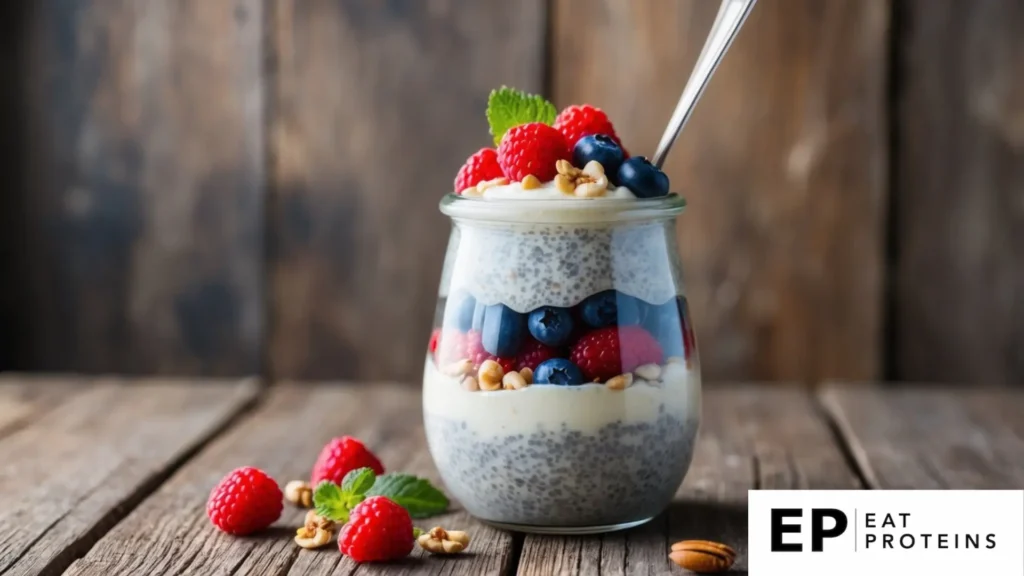 A clear glass jar filled with layers of chia seeds and creamy pudding, topped with fresh berries and nuts, sitting on a rustic wooden table