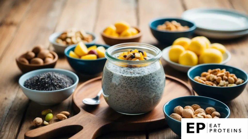 A glass jar filled with chia seed pudding, surrounded by bowls of fresh fruits and nuts on a wooden table