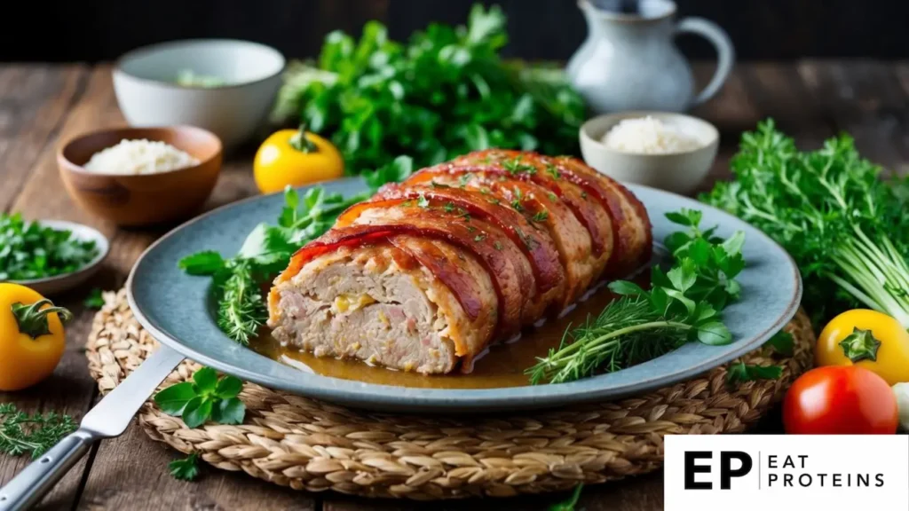 A rustic table set with a platter of Paleo bacon-wrapped meatloaf surrounded by fresh herbs and colorful vegetables