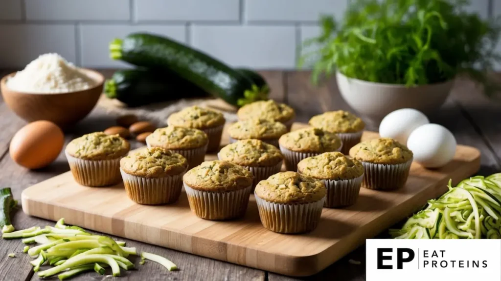 A rustic kitchen counter with a wooden cutting board holding freshly baked paleo zucchini muffins, surrounded by ingredients like almond flour, eggs, and shredded zucchini