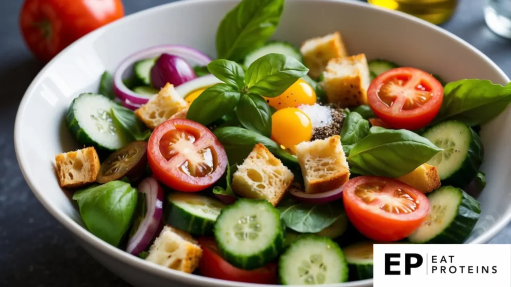 This image shows a colorful Panzanella salad, a classic dish from the Mediterranean diet. The salad features fresh ingredients such as sliced cucumbers, cherry tomatoes, red onion rings, and basil leaves. Cubes of toasted bread (croutons) are mixed in, adding a crunchy texture. A sprinkle of salt and pepper is visible, along with a drizzle of olive oil, giving it a fresh and flavorful finish.