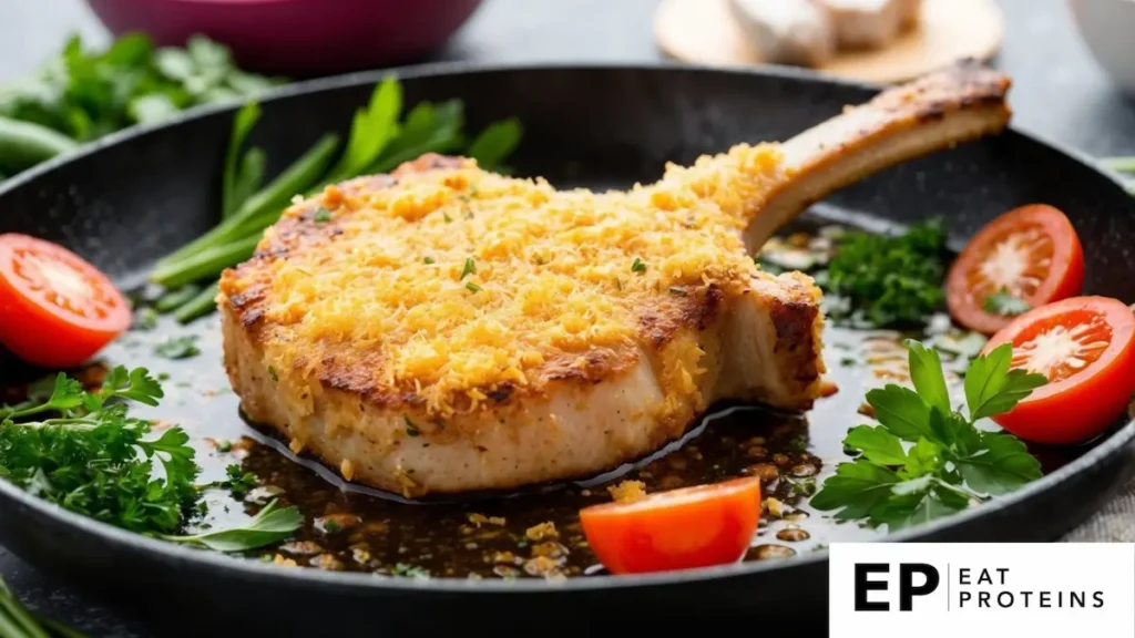 A sizzling pork chop coated in golden parmesan crust, surrounded by keto-friendly ingredients like fresh herbs and low-carb vegetables