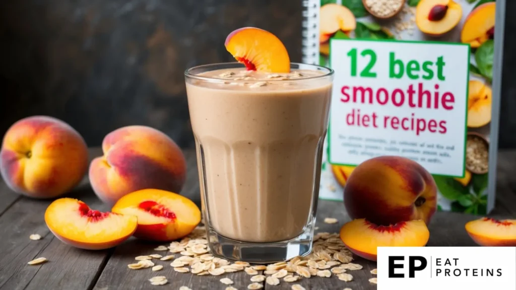 A glass filled with peach oatmeal smoothie surrounded by fresh peaches and oats, with a backdrop of a recipe book titled "12 best smoothie diet recipes"