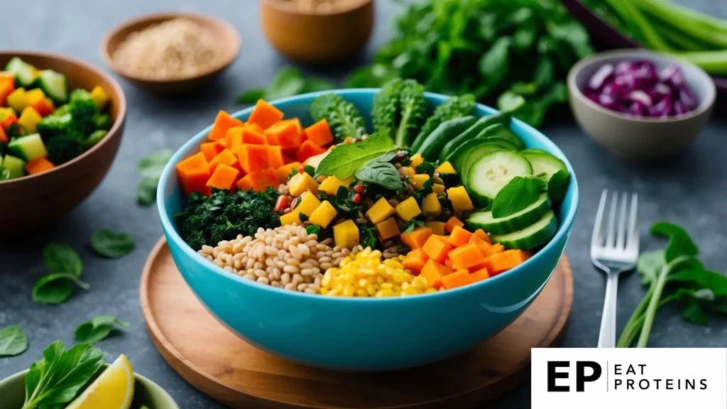 A vibrant bowl filled with colorful vegetables, grains, and plant-based proteins arranged in an aesthetically pleasing manner