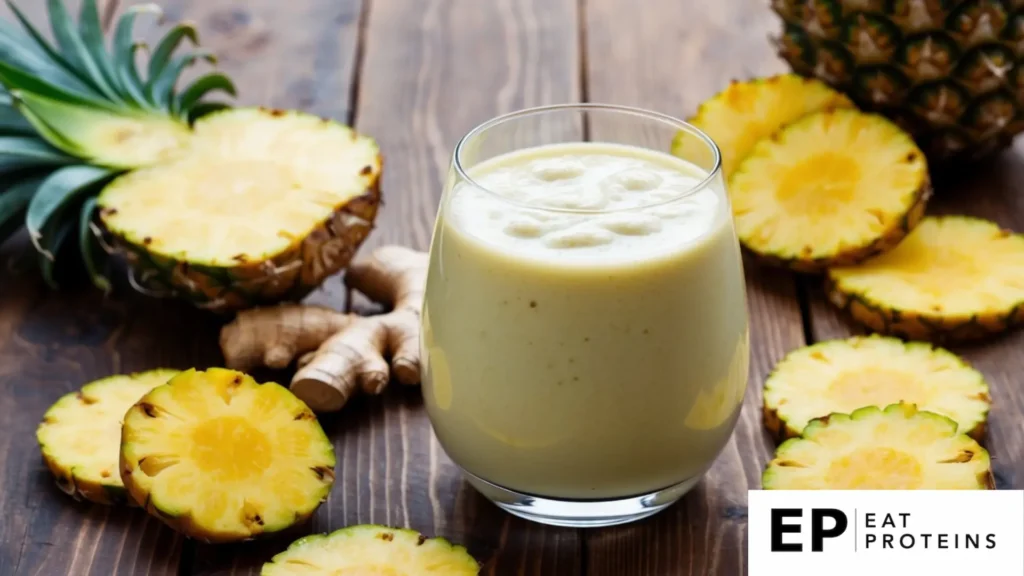 A glass of pineapple ginger smoothie surrounded by fresh pineapple slices and ginger roots on a wooden table