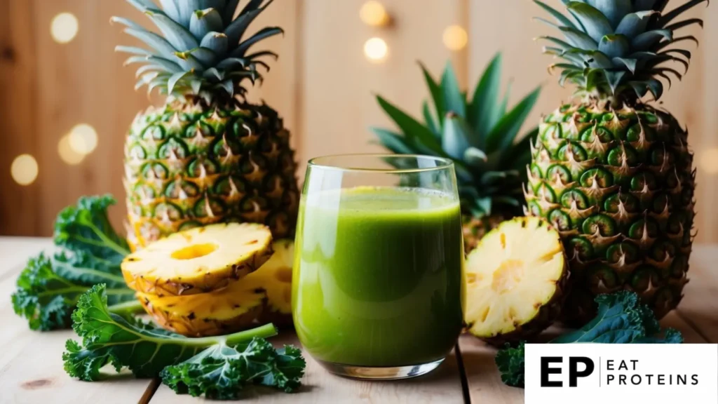 A glass of vibrant green juice surrounded by fresh pineapples and kale leaves on a wooden table