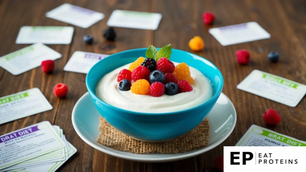 A bowl of plain yogurt topped with a colorful assortment of fresh berries sits on a wooden table, surrounded by scattered recipe cards for brat diet meals