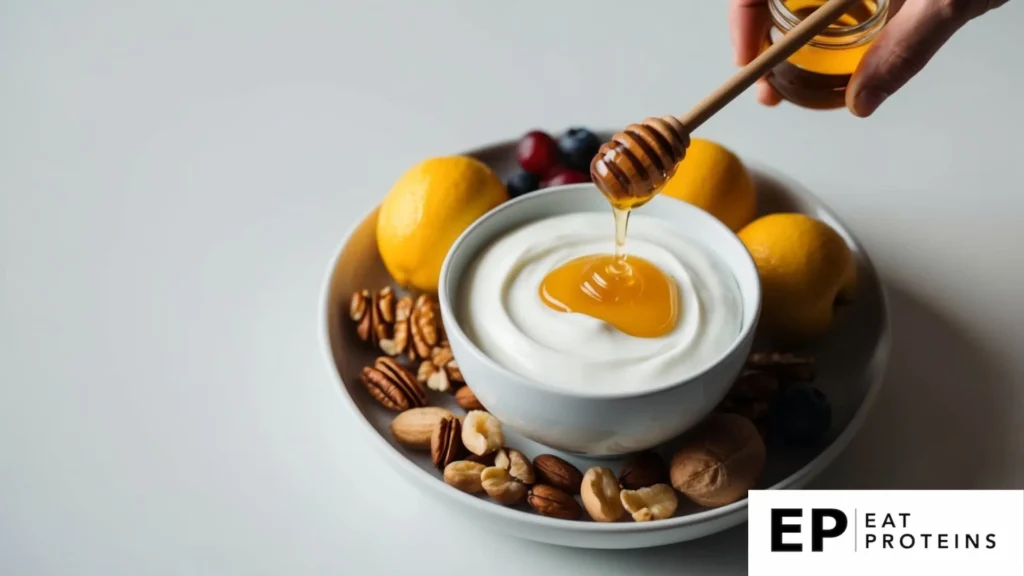 A bowl of plain yogurt drizzled with honey, surrounded by fresh fruit and nuts on a clean, white table