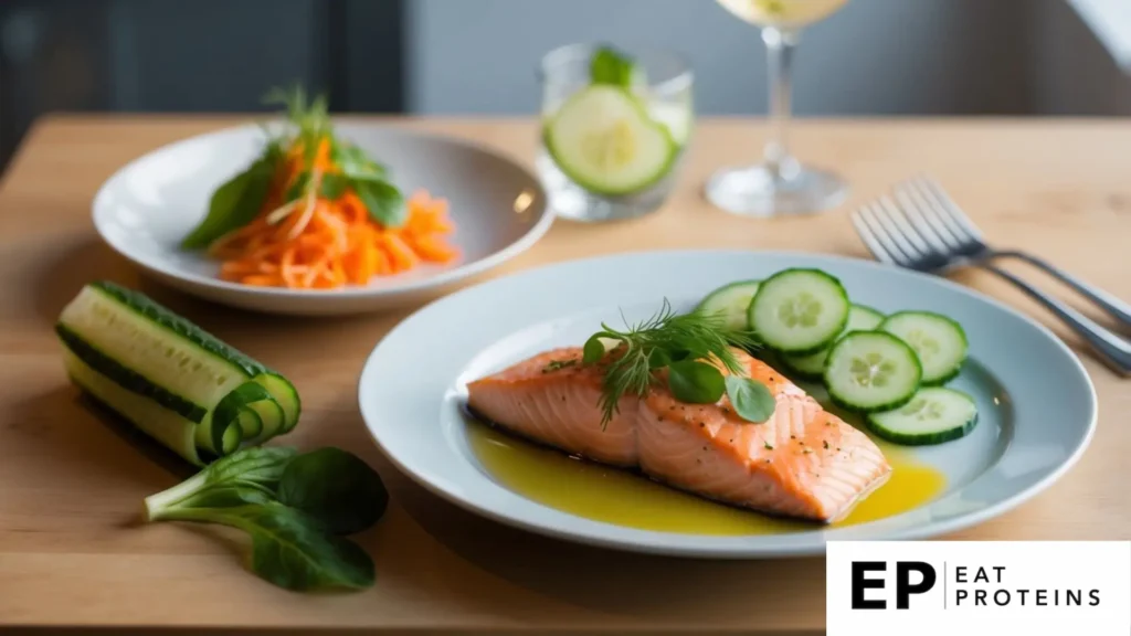 A plate of poached salmon sits next to a vibrant cucumber salad, with fresh ingredients neatly arranged and a light, refreshing atmosphere