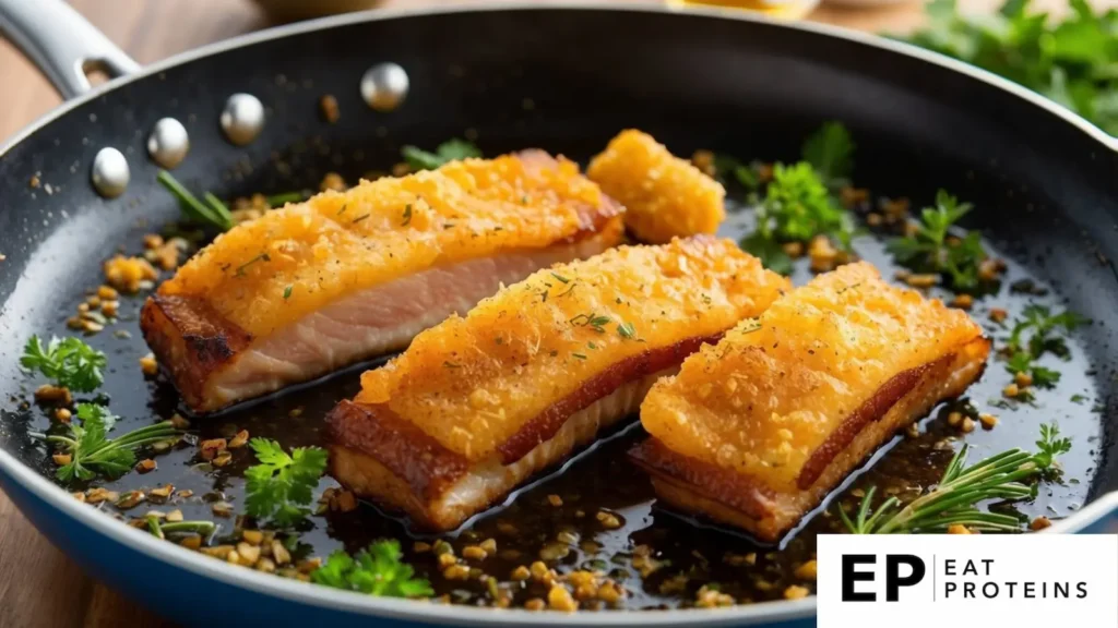 A perfectly roasted pork belly with crispy skin and tender meat, sliced and displayed on a pan. Fresh herbs are scattered around, enhancing the visual appeal of the golden-brown, crackling skin.