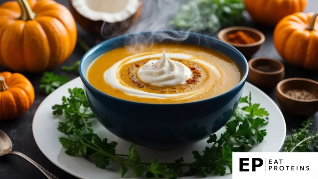 A steaming bowl of pumpkin and coconut soup with a swirl of cream on top, surrounded by fresh herbs and spices