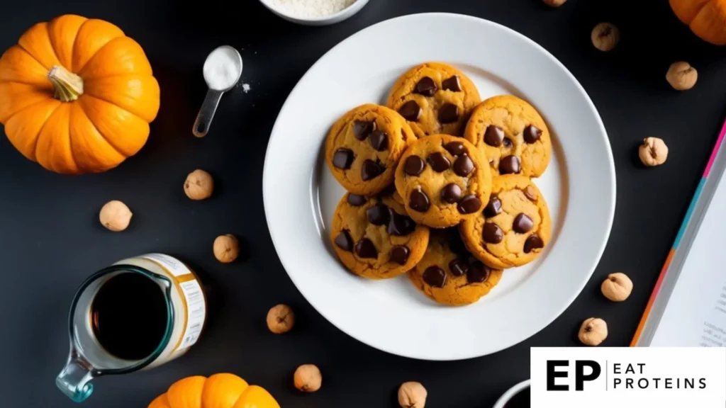 A plate of pumpkin chocolate chip cookies surrounded by ingredients like almond flour, coconut oil, and maple syrup, with a recipe book open to "9 best paleo diet recipes" nearby