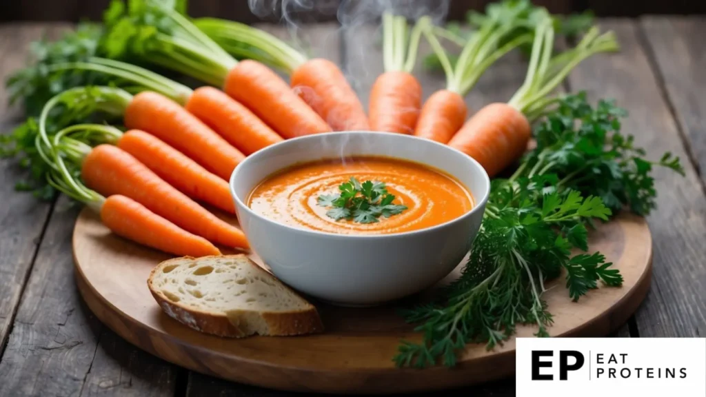 A steaming bowl of pureed carrot soup surrounded by fresh carrots, herbs, and a slice of crusty bread on a rustic wooden table