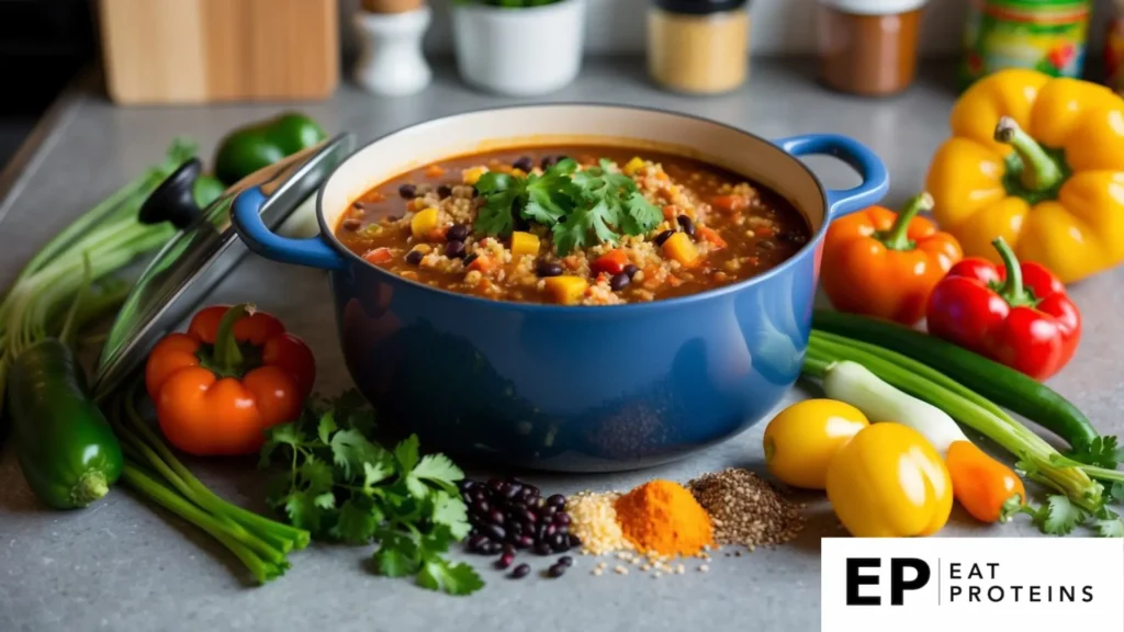 A simmering pot of quinoa and black bean chili surrounded by colorful vegetables and spices on a kitchen counter