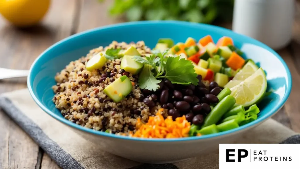 A colorful bowl filled with quinoa, black beans, and assorted vegetables, topped with a light vinaigrette dressing