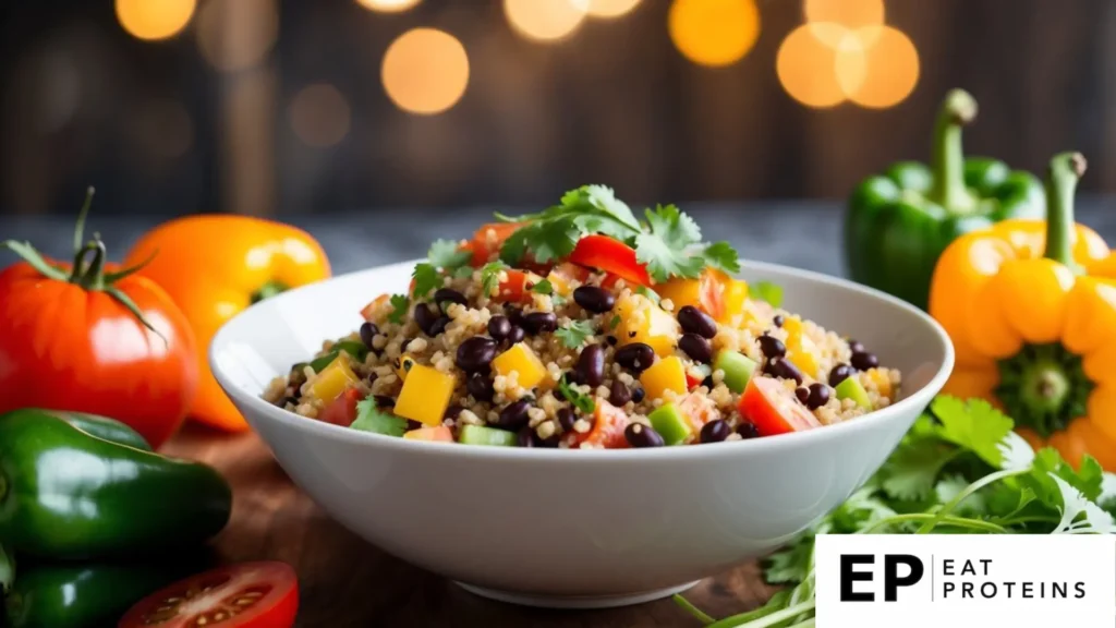 A colorful bowl of quinoa and black bean salad surrounded by fresh ingredients like tomatoes, bell peppers, and cilantro