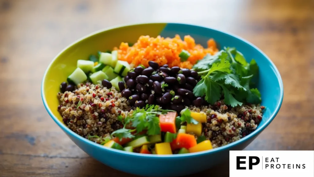 A colorful bowl filled with quinoa, black beans, and assorted vegetables, topped with a light vinaigrette, sits on a wooden table